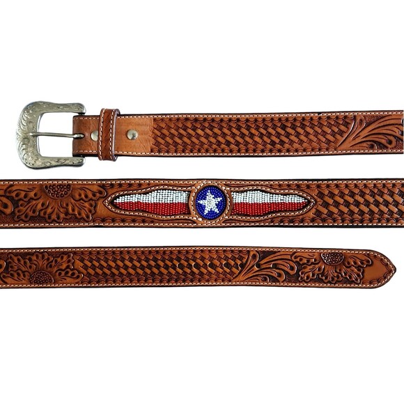 Western Rodeo Tooled Leather TEXAS Color Beaded Belt Basket Weave Billet Size 36 - Picture 2 of 5